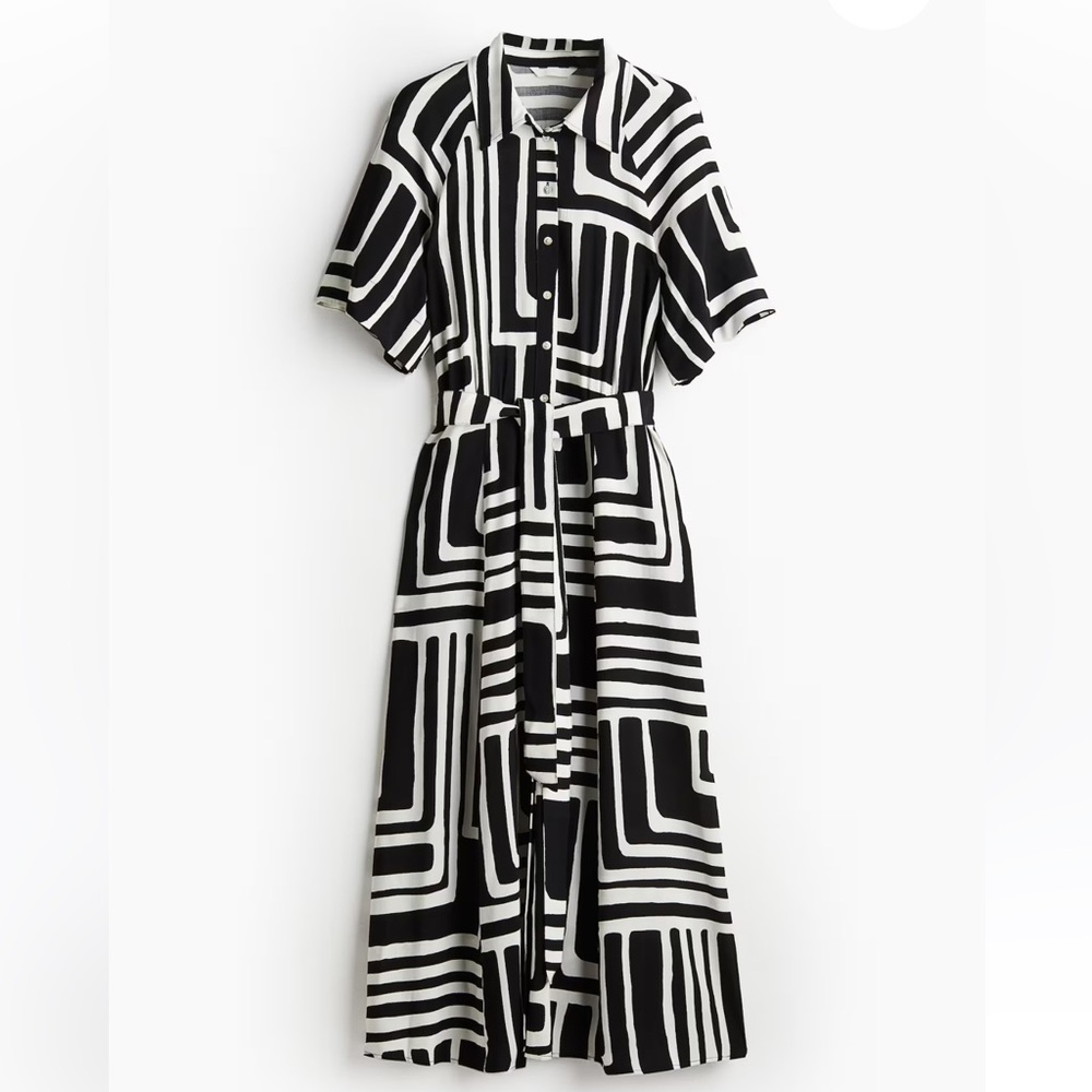 NWT H&M Tie-Belt Black & White Shirt Dress Size: M